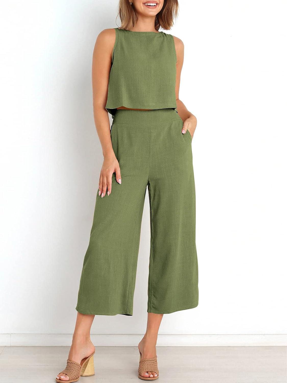 imageANRABESS Womens Summer 2 Piece Outfits Sleeveless Crop Top Capri Wide Leg Pants Jumpsuit Linen Lounge Beach Travel SetsArmy Green