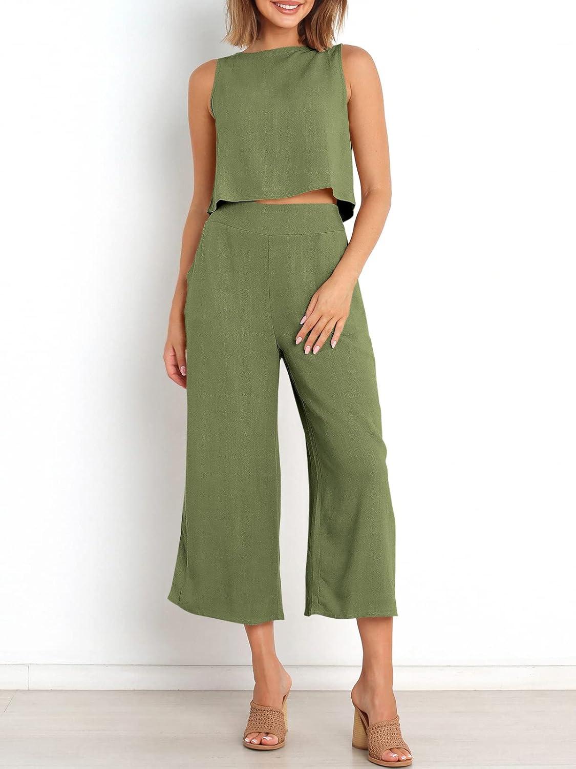 imageANRABESS Womens Summer 2 Piece Outfits Sleeveless Crop Top Capri Wide Leg Pants Jumpsuit Linen Lounge Beach Travel SetsArmy Green