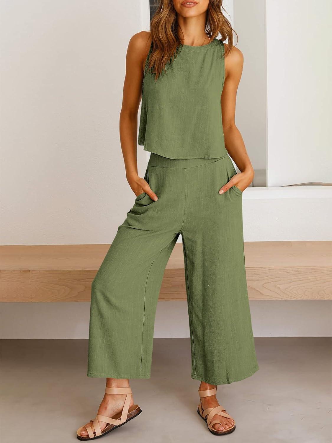 imageANRABESS Womens Summer 2 Piece Outfits Sleeveless Crop Top Capri Wide Leg Pants Jumpsuit Linen Lounge Beach Travel SetsArmy Green