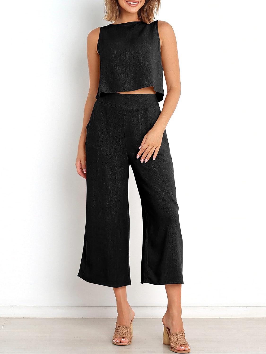imageANRABESS Womens Summer 2 Piece Outfits Sleeveless Crop Top Capri Wide Leg Pants Jumpsuit Linen Lounge Beach Travel SetsBlack