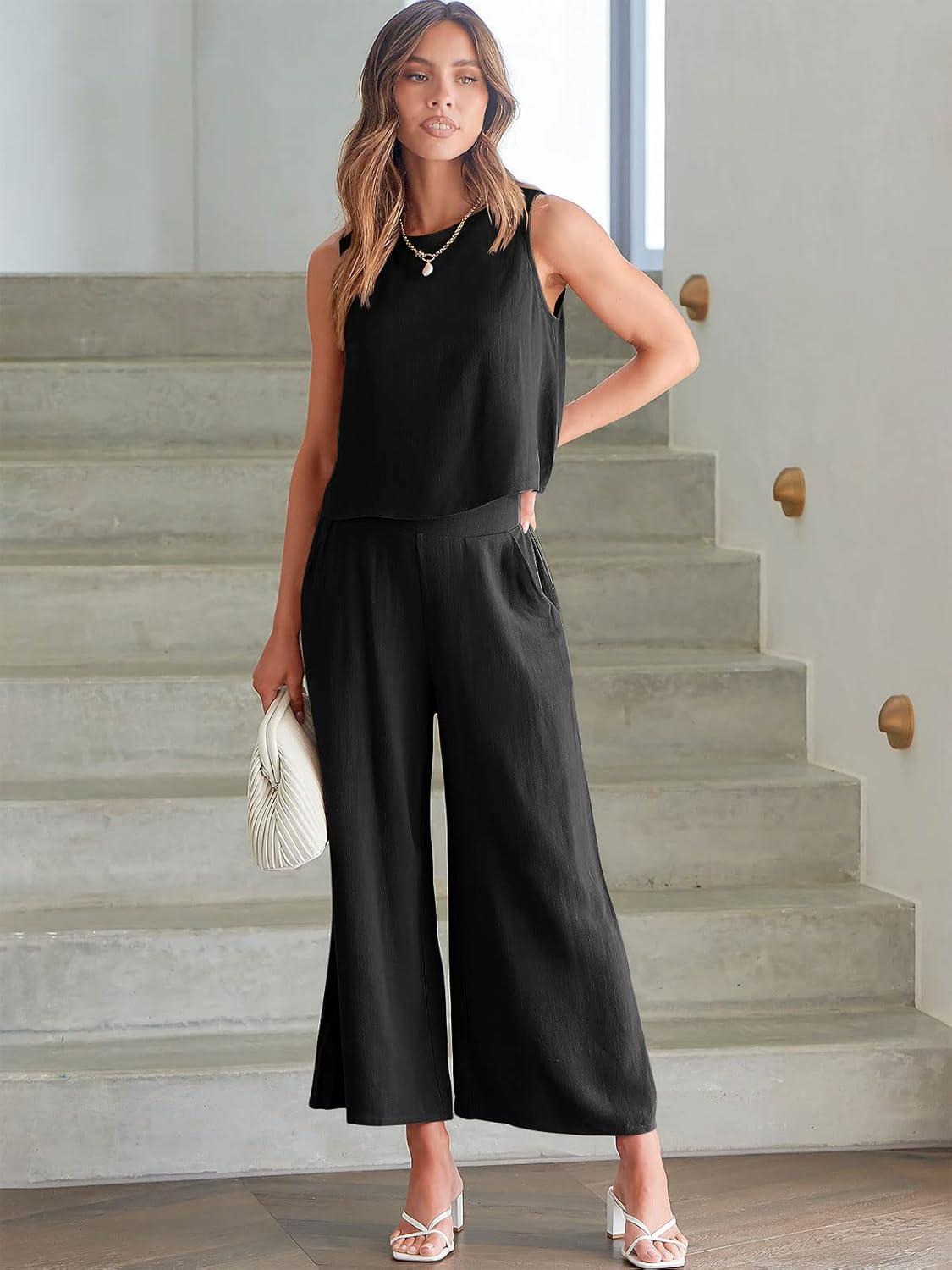 imageANRABESS Womens Summer 2 Piece Outfits Sleeveless Crop Top Capri Wide Leg Pants Jumpsuit Linen Lounge Beach Travel SetsBlack