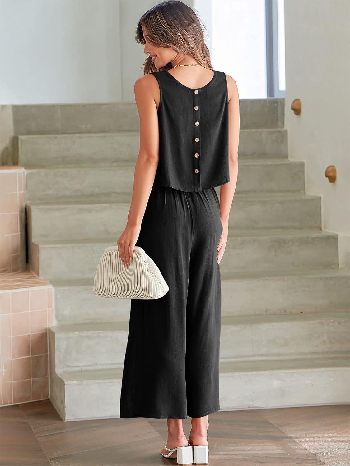 imageANRABESS Womens Summer 2 Piece Outfits Sleeveless Crop Top Capri Wide Leg Pants Jumpsuit Linen Lounge Beach Travel SetsBlack