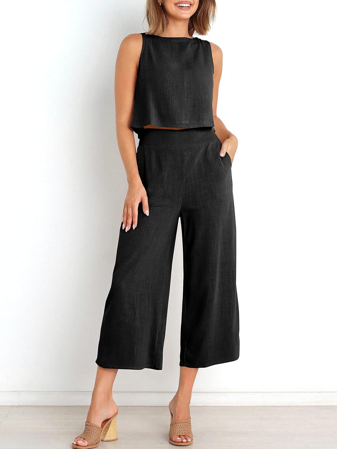 imageANRABESS Womens Summer 2 Piece Outfits Sleeveless Crop Top Capri Wide Leg Pants Jumpsuit Linen Lounge Beach Travel SetsBlack