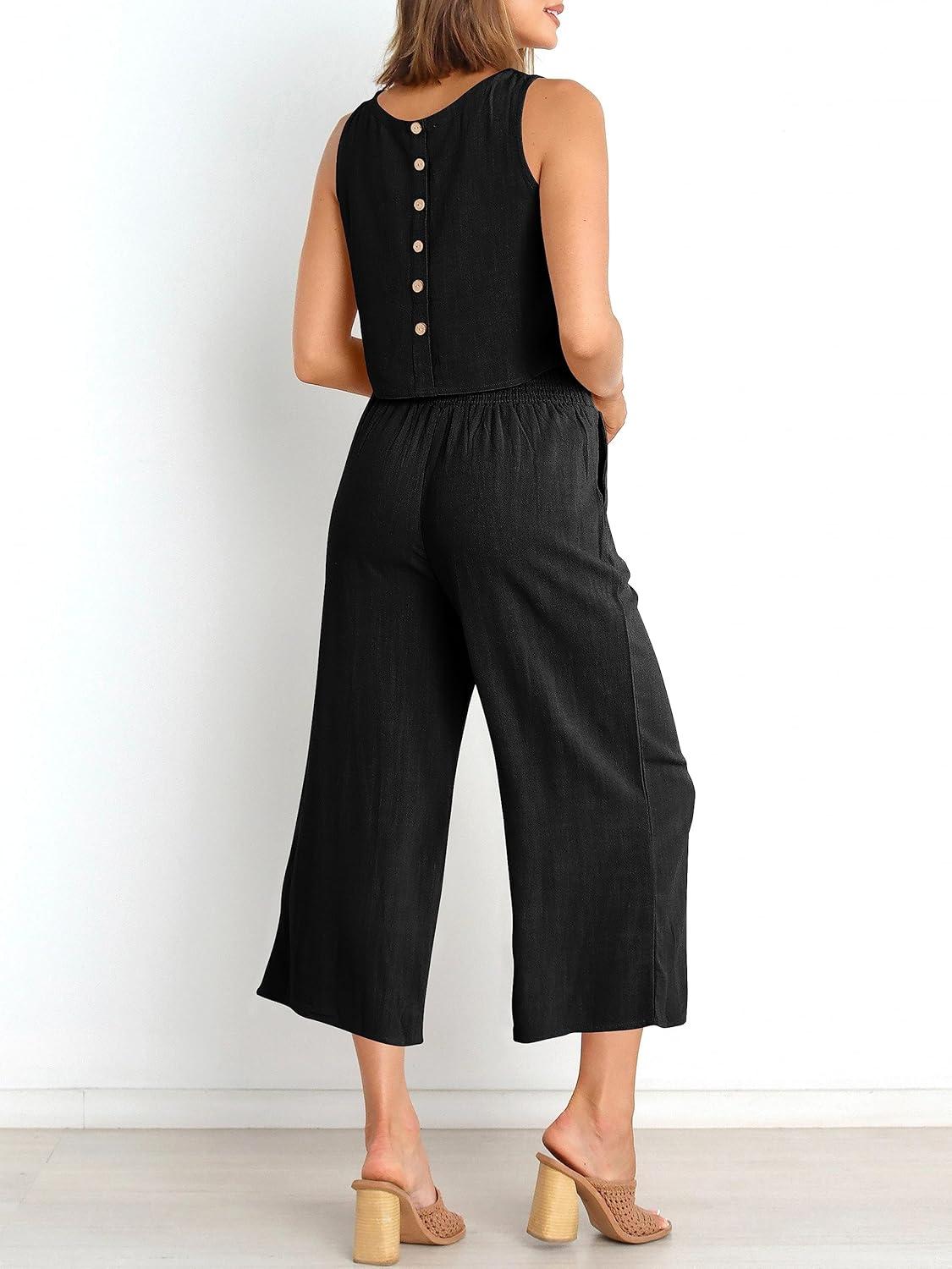 imageANRABESS Womens Summer 2 Piece Outfits Sleeveless Crop Top Capri Wide Leg Pants Jumpsuit Linen Lounge Beach Travel SetsBlack