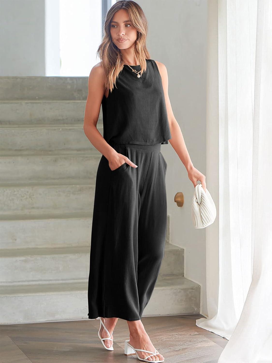 imageANRABESS Womens Summer 2 Piece Outfits Sleeveless Crop Top Capri Wide Leg Pants Jumpsuit Linen Lounge Beach Travel SetsBlack