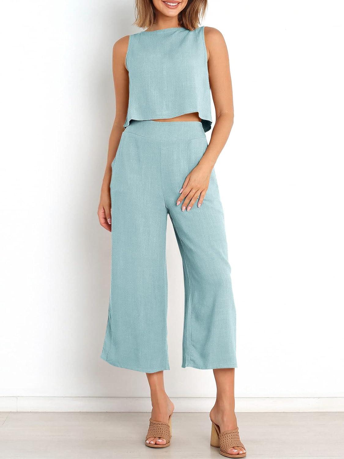 imageANRABESS Womens Summer 2 Piece Outfits Sleeveless Crop Top Capri Wide Leg Pants Jumpsuit Linen Lounge Beach Travel SetsBlue