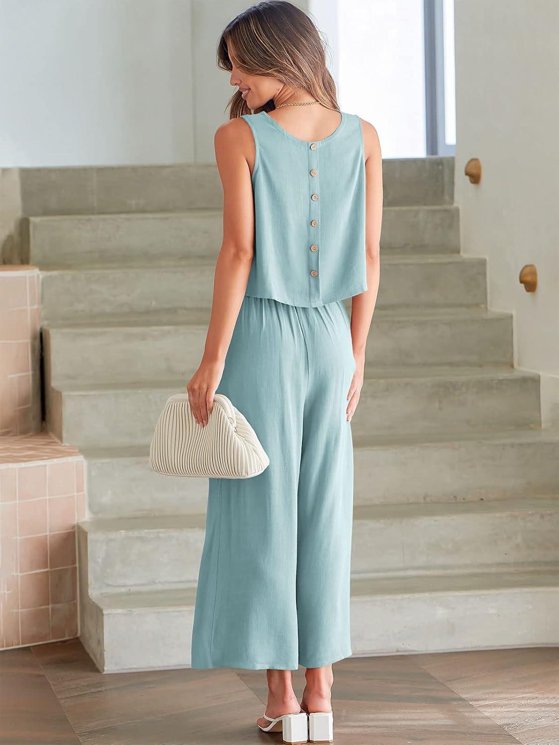 imageANRABESS Womens Summer 2 Piece Outfits Sleeveless Crop Top Capri Wide Leg Pants Jumpsuit Linen Lounge Beach Travel SetsBlue