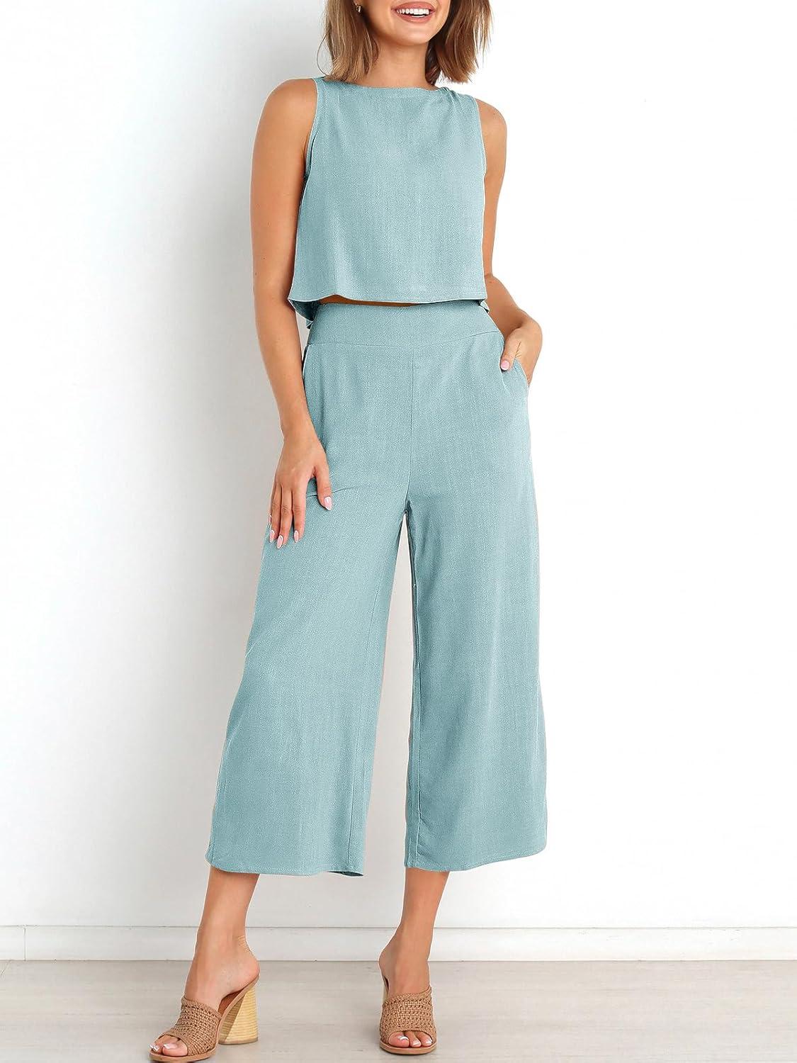 imageANRABESS Womens Summer 2 Piece Outfits Sleeveless Crop Top Capri Wide Leg Pants Jumpsuit Linen Lounge Beach Travel SetsBlue