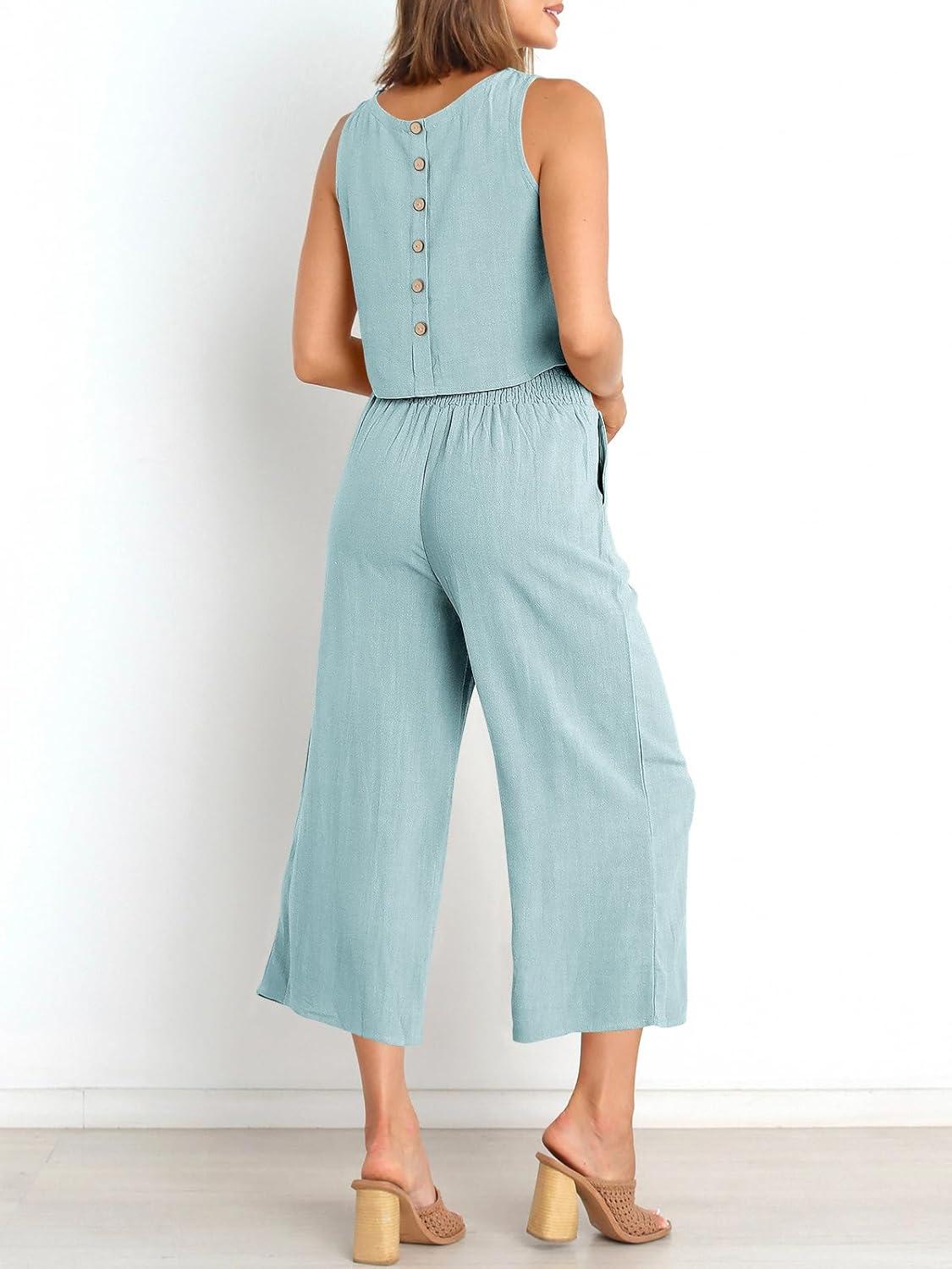imageANRABESS Womens Summer 2 Piece Outfits Sleeveless Crop Top Capri Wide Leg Pants Jumpsuit Linen Lounge Beach Travel SetsBlue