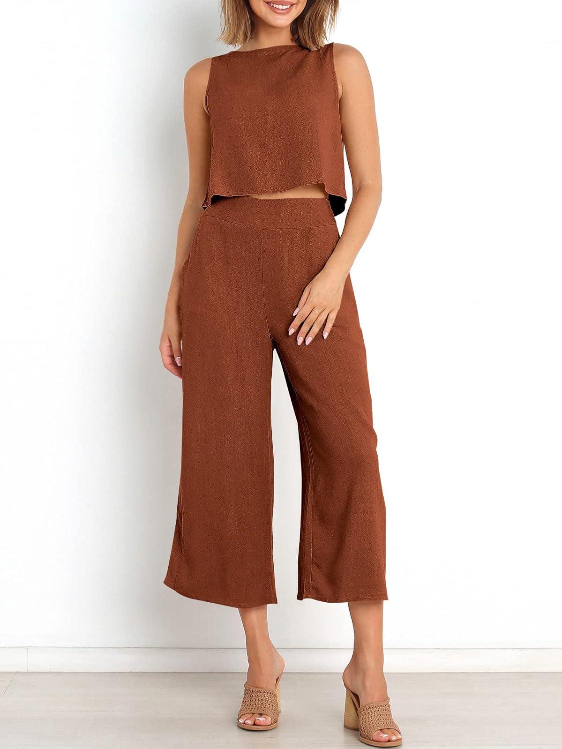 imageANRABESS Womens Summer 2 Piece Outfits Sleeveless Crop Top Capri Wide Leg Pants Jumpsuit Linen Lounge Beach Travel SetsBrick Red
