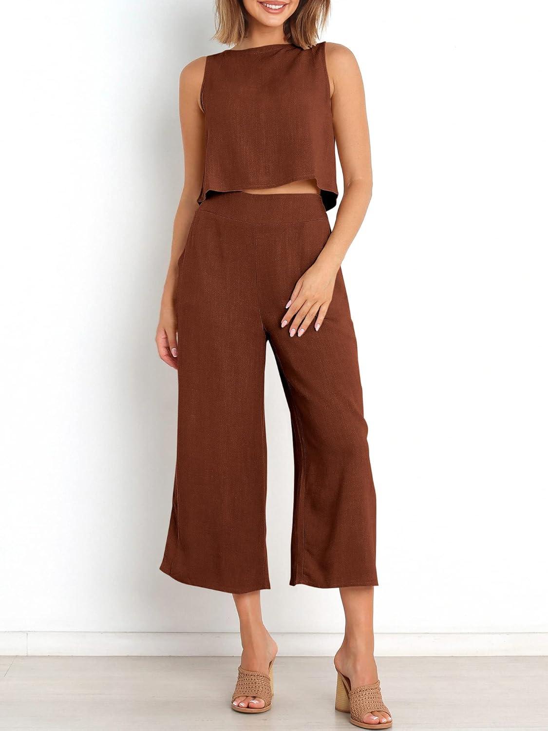 imageANRABESS Womens Summer 2 Piece Outfits Sleeveless Crop Top Capri Wide Leg Pants Jumpsuit Linen Lounge Beach Travel SetsBrown