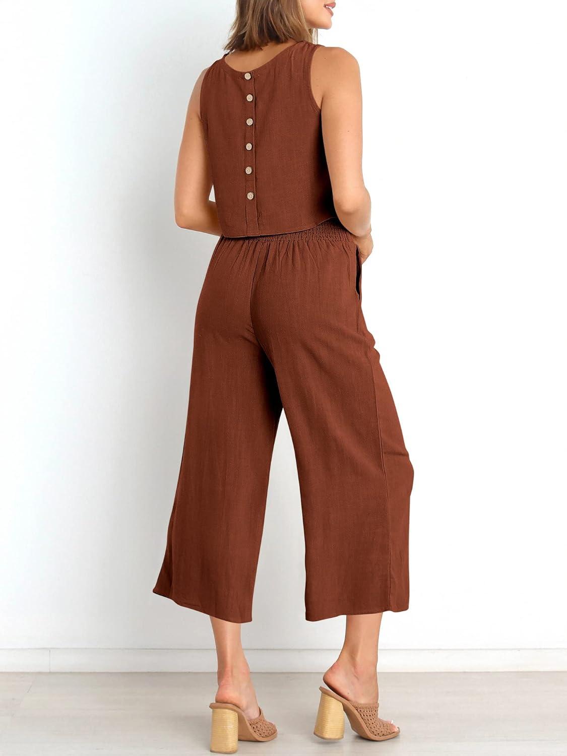 imageANRABESS Womens Summer 2 Piece Outfits Sleeveless Crop Top Capri Wide Leg Pants Jumpsuit Linen Lounge Beach Travel SetsBrown