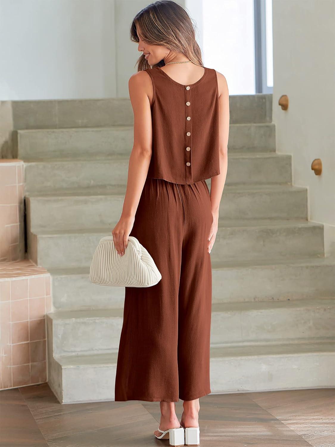 imageANRABESS Womens Summer 2 Piece Outfits Sleeveless Crop Top Capri Wide Leg Pants Jumpsuit Linen Lounge Beach Travel SetsBrown