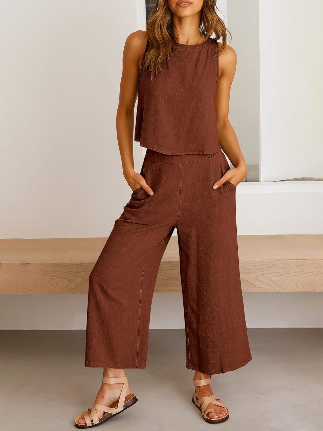 imageANRABESS Womens Summer 2 Piece Outfits Sleeveless Crop Top Capri Wide Leg Pants Jumpsuit Linen Lounge Beach Travel SetsBrown