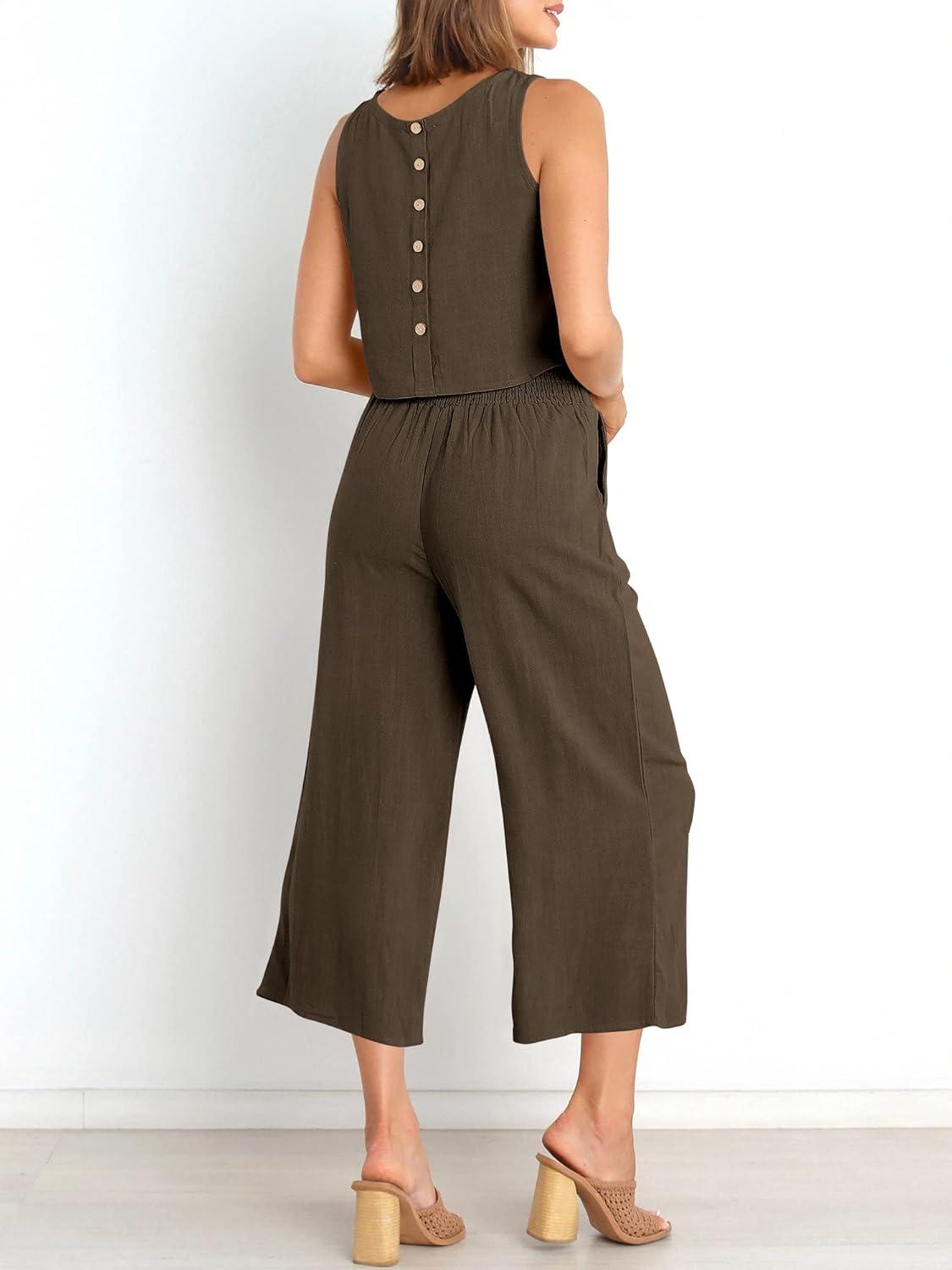 imageANRABESS Womens Summer 2 Piece Outfits Sleeveless Crop Top Capri Wide Leg Pants Jumpsuit Linen Lounge Beach Travel SetsCoffee