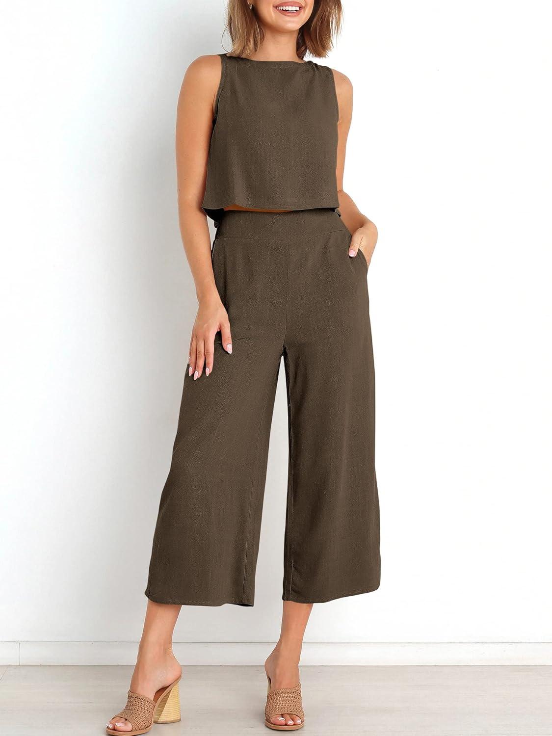 imageANRABESS Womens Summer 2 Piece Outfits Sleeveless Crop Top Capri Wide Leg Pants Jumpsuit Linen Lounge Beach Travel SetsCoffee