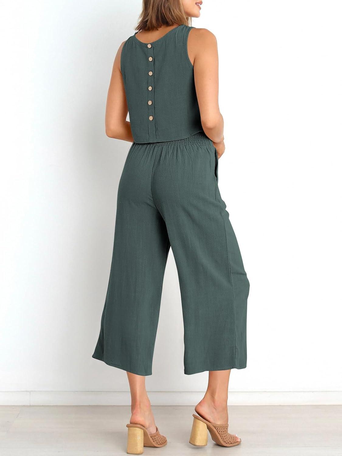 imageANRABESS Womens Summer 2 Piece Outfits Sleeveless Crop Top Capri Wide Leg Pants Jumpsuit Linen Lounge Beach Travel SetsDark Gray