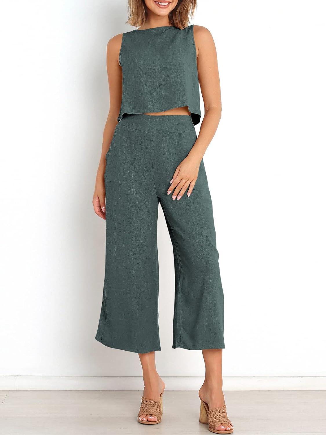 imageANRABESS Womens Summer 2 Piece Outfits Sleeveless Crop Top Capri Wide Leg Pants Jumpsuit Linen Lounge Beach Travel SetsDark Gray