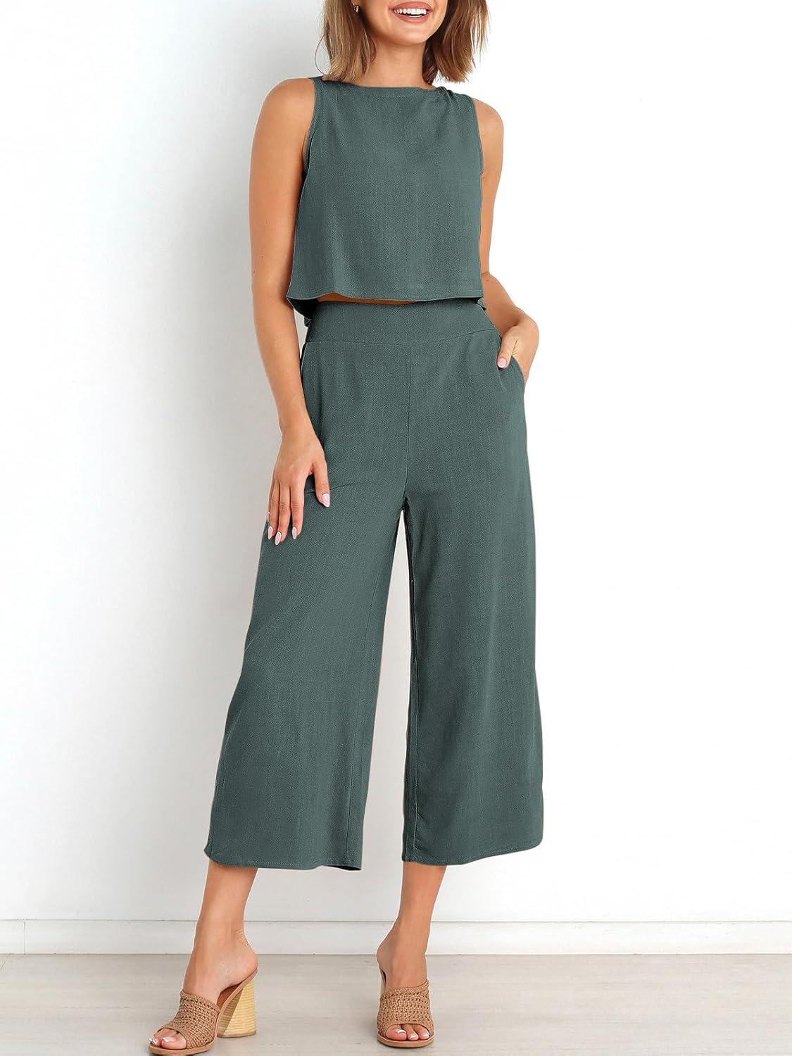 imageANRABESS Womens Summer 2 Piece Outfits Sleeveless Crop Top Capri Wide Leg Pants Jumpsuit Linen Lounge Beach Travel SetsDark Gray