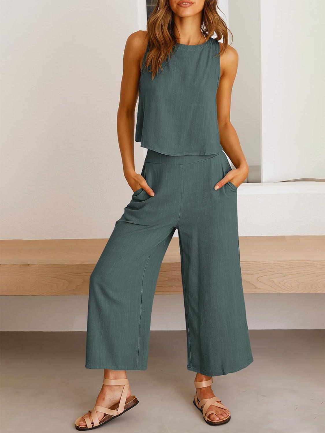 imageANRABESS Womens Summer 2 Piece Outfits Sleeveless Crop Top Capri Wide Leg Pants Jumpsuit Linen Lounge Beach Travel SetsDark Gray