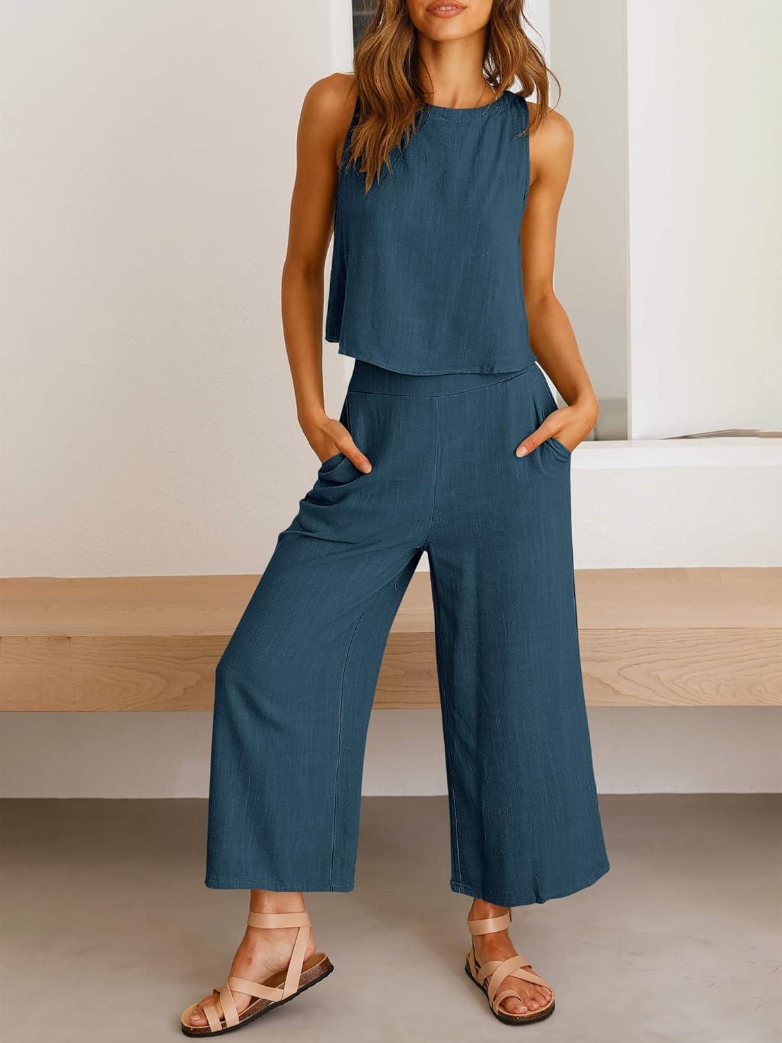 imageANRABESS Womens Summer 2 Piece Outfits Sleeveless Crop Top Capri Wide Leg Pants Jumpsuit Linen Lounge Beach Travel SetsDeep Blue