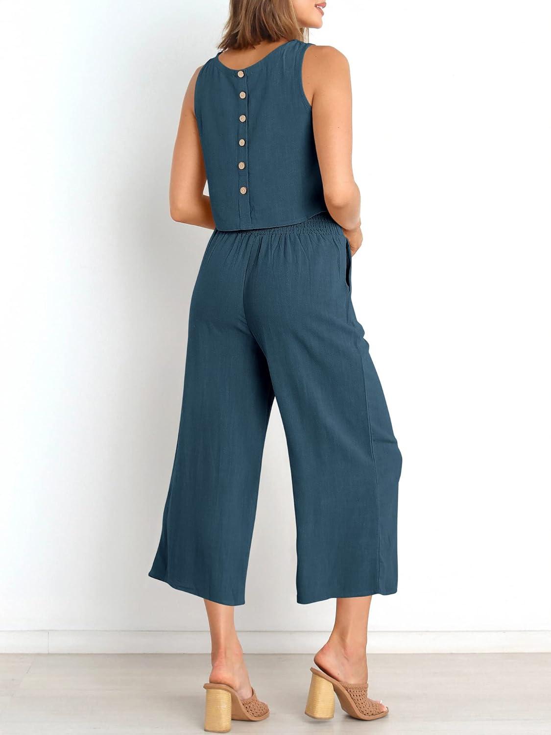 imageANRABESS Womens Summer 2 Piece Outfits Sleeveless Crop Top Capri Wide Leg Pants Jumpsuit Linen Lounge Beach Travel SetsDeep Blue