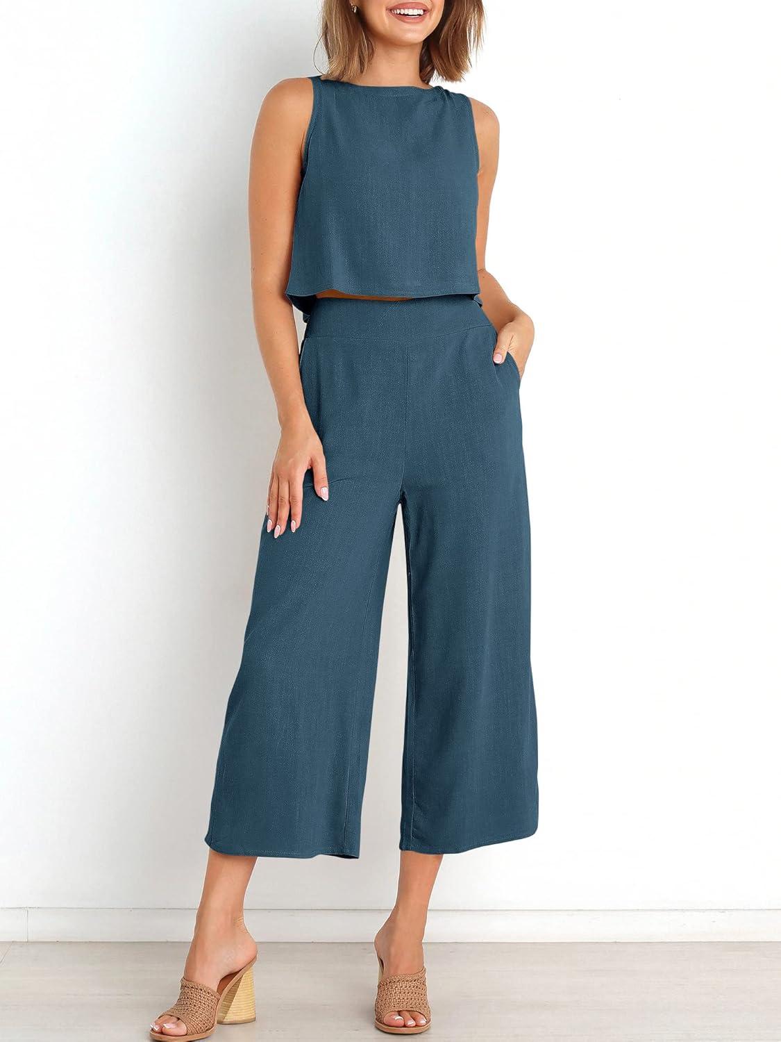 imageANRABESS Womens Summer 2 Piece Outfits Sleeveless Crop Top Capri Wide Leg Pants Jumpsuit Linen Lounge Beach Travel SetsDeep Blue