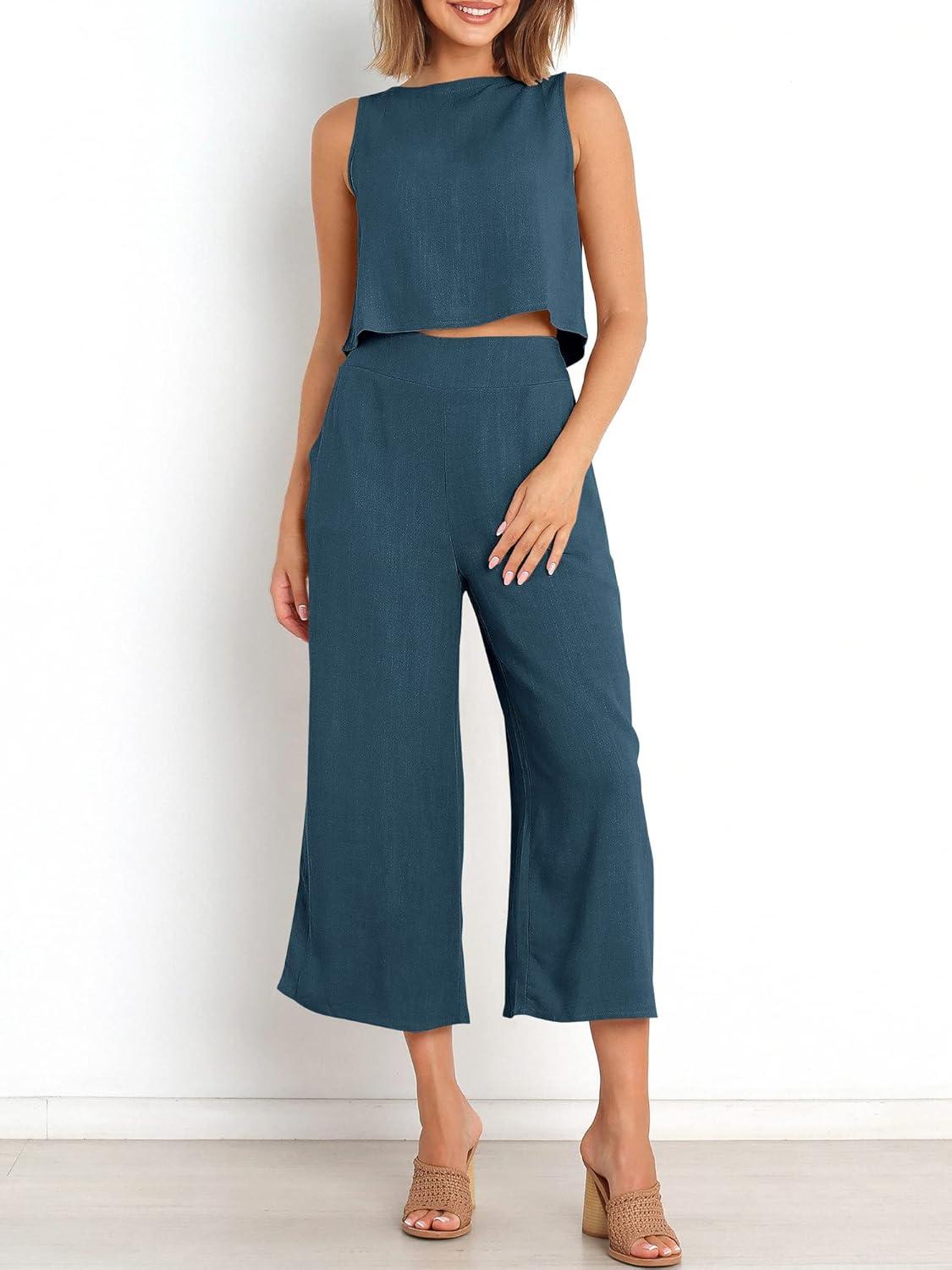 imageANRABESS Womens Summer 2 Piece Outfits Sleeveless Crop Top Capri Wide Leg Pants Jumpsuit Linen Lounge Beach Travel SetsDeep Blue