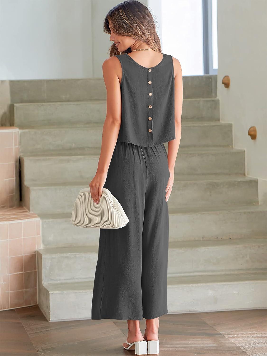 imageANRABESS Womens Summer 2 Piece Outfits Sleeveless Crop Top Capri Wide Leg Pants Jumpsuit Linen Lounge Beach Travel SetsGray