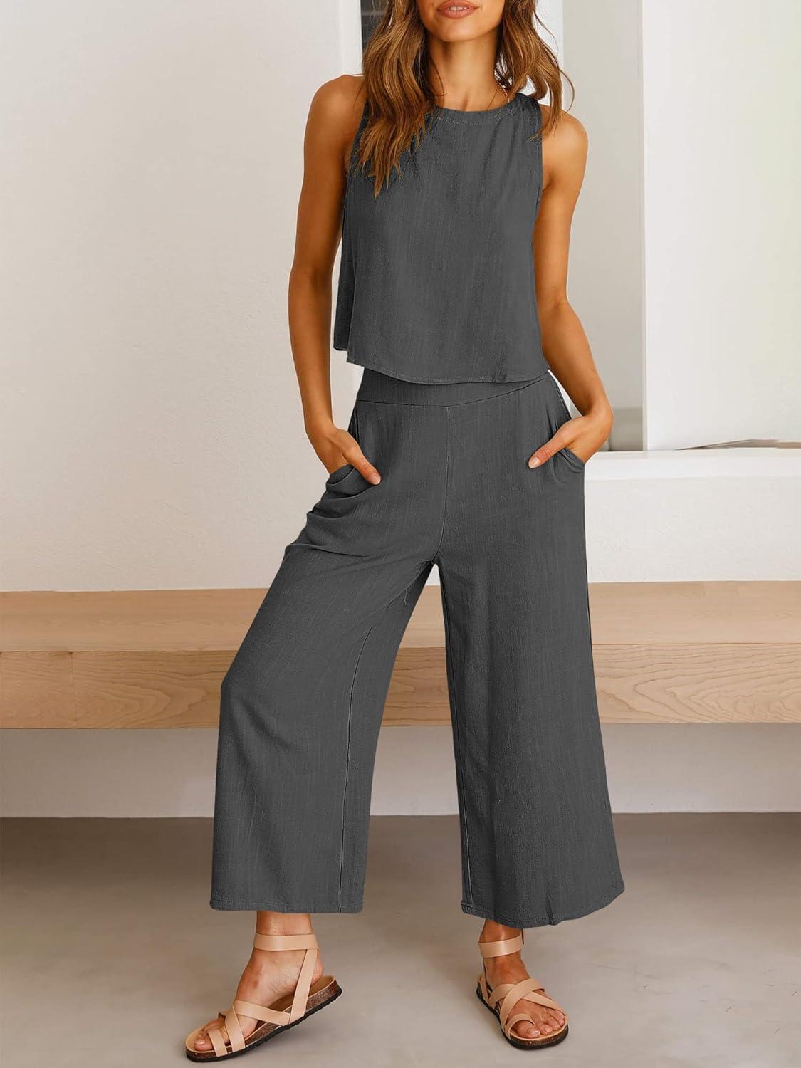 imageANRABESS Womens Summer 2 Piece Outfits Sleeveless Crop Top Capri Wide Leg Pants Jumpsuit Linen Lounge Beach Travel SetsGray