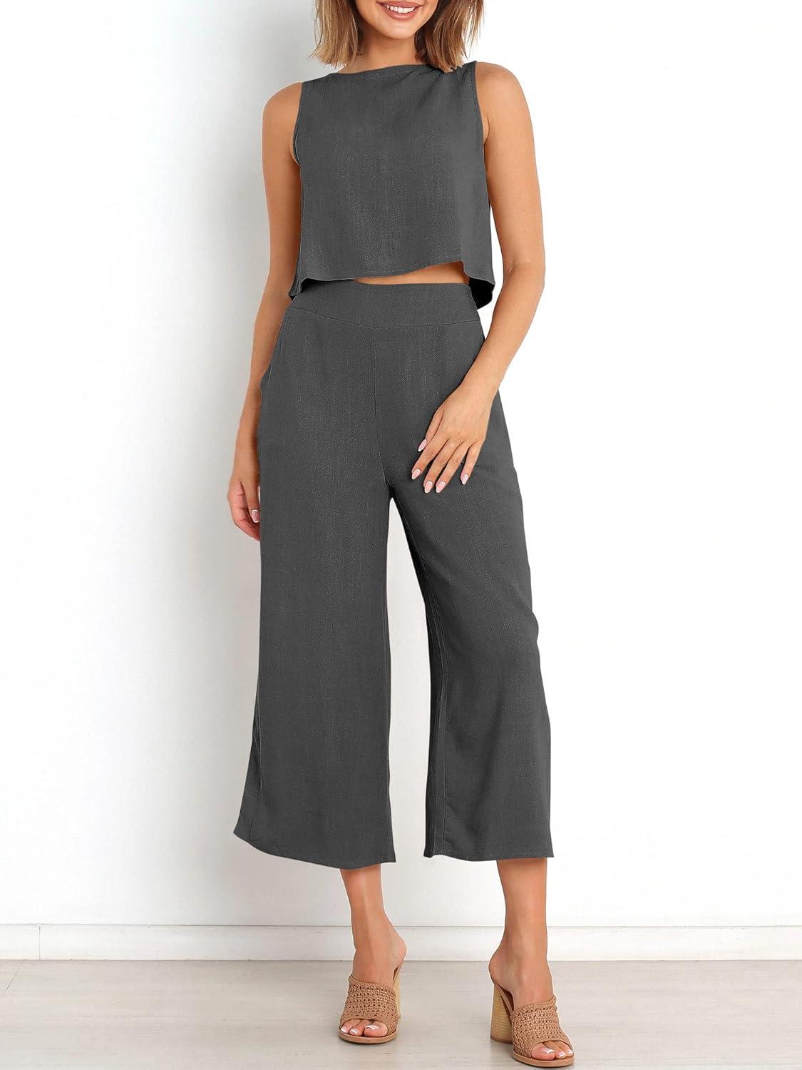 imageANRABESS Womens Summer 2 Piece Outfits Sleeveless Crop Top Capri Wide Leg Pants Jumpsuit Linen Lounge Beach Travel SetsGray