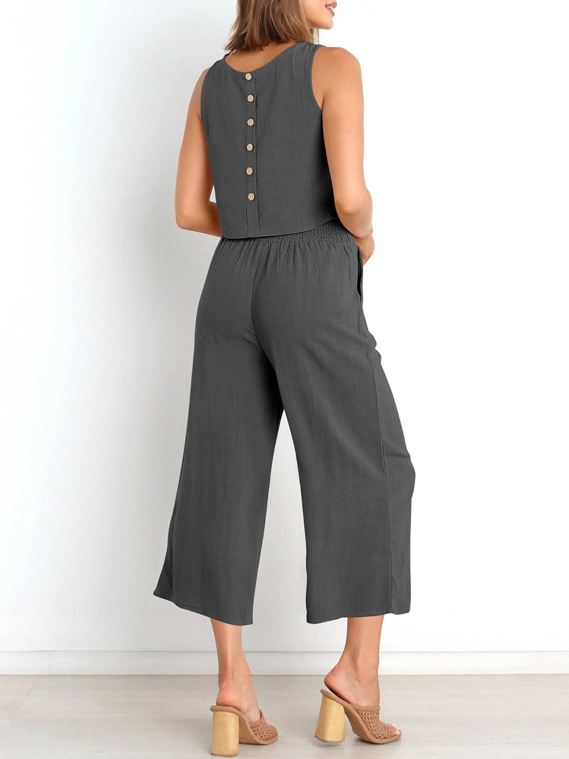 imageANRABESS Womens Summer 2 Piece Outfits Sleeveless Crop Top Capri Wide Leg Pants Jumpsuit Linen Lounge Beach Travel SetsGray