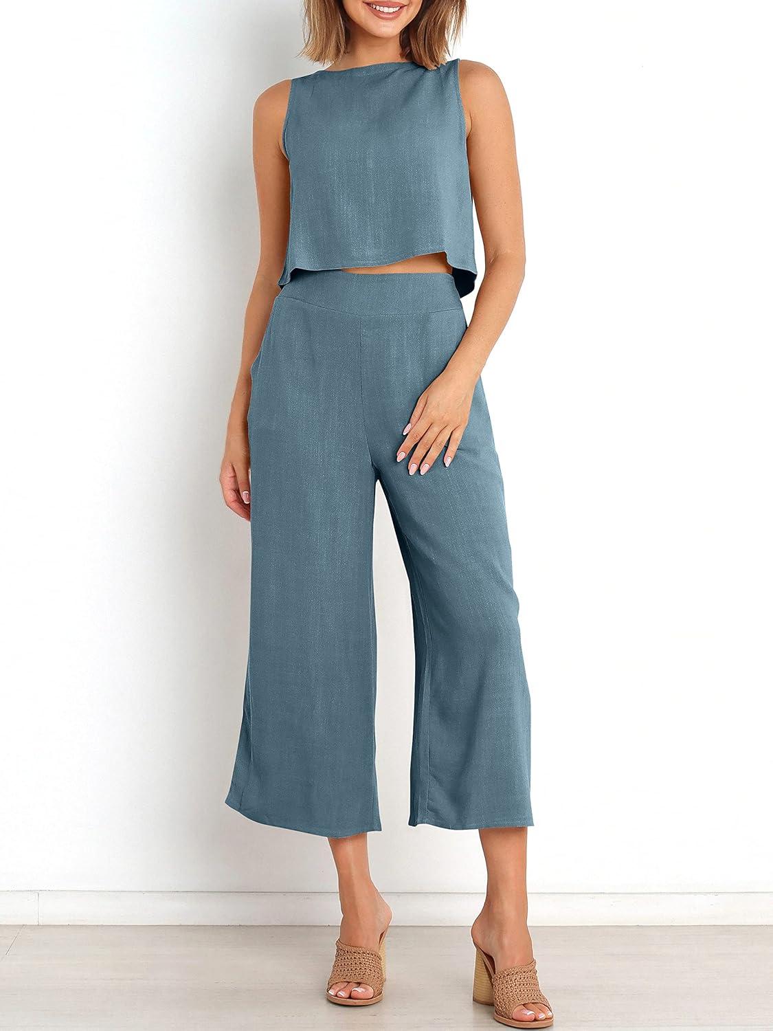 imageANRABESS Womens Summer 2 Piece Outfits Sleeveless Crop Top Capri Wide Leg Pants Jumpsuit Linen Lounge Beach Travel SetsGray Blue