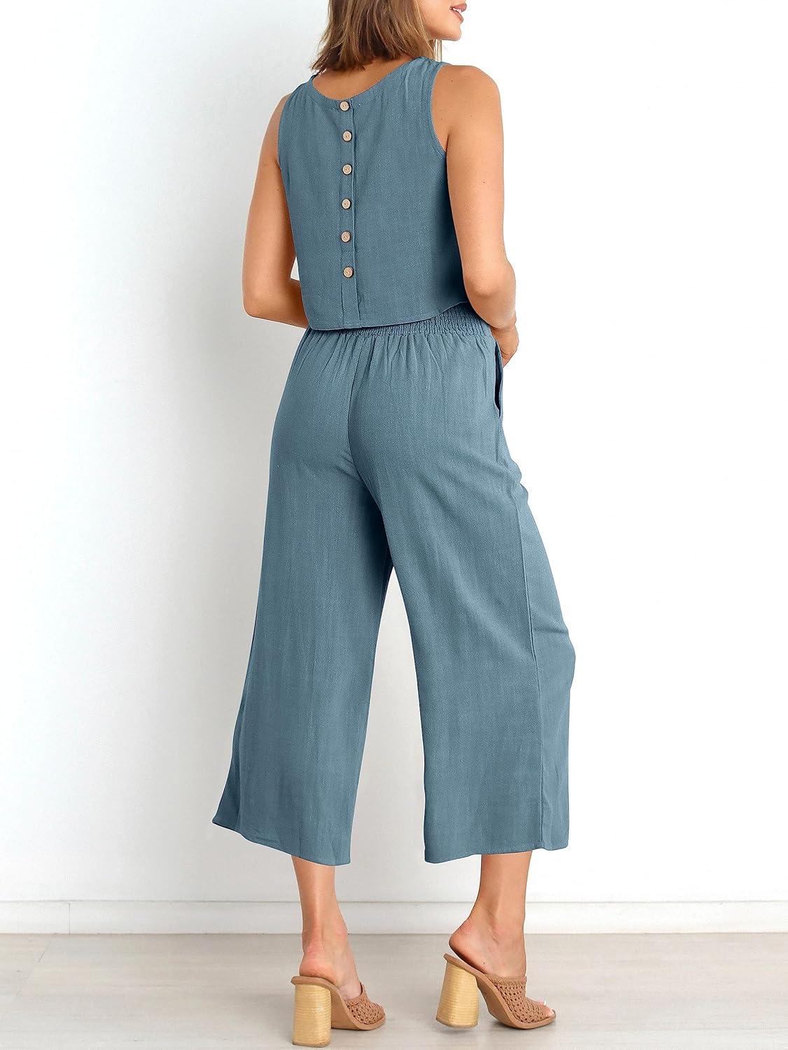 imageANRABESS Womens Summer 2 Piece Outfits Sleeveless Crop Top Capri Wide Leg Pants Jumpsuit Linen Lounge Beach Travel SetsGray Blue