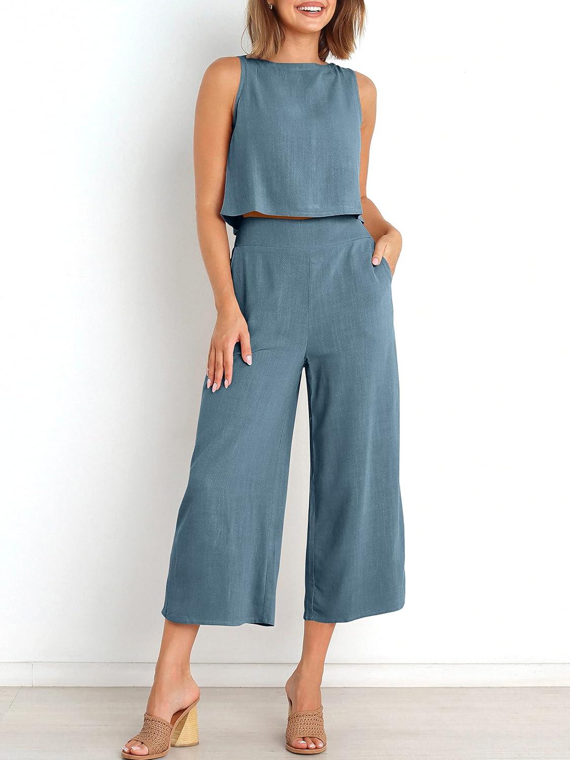 imageANRABESS Womens Summer 2 Piece Outfits Sleeveless Crop Top Capri Wide Leg Pants Jumpsuit Linen Lounge Beach Travel SetsGray Blue