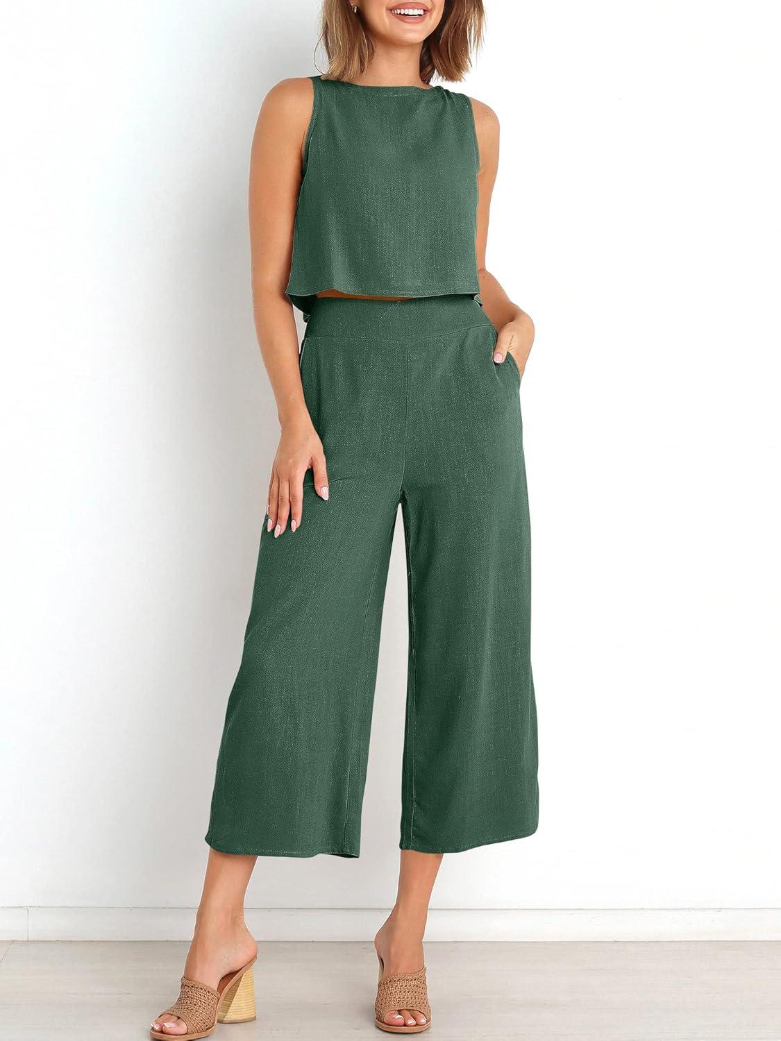 imageANRABESS Womens Summer 2 Piece Outfits Sleeveless Crop Top Capri Wide Leg Pants Jumpsuit Linen Lounge Beach Travel SetsGreen