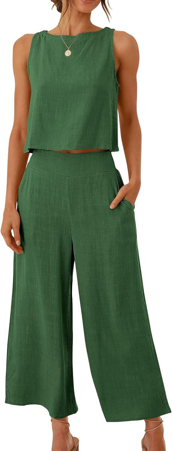 imageANRABESS Womens Summer 2 Piece Outfits Sleeveless Crop Top Capri Wide Leg Pants Jumpsuit Linen Lounge Beach Travel SetsGreen