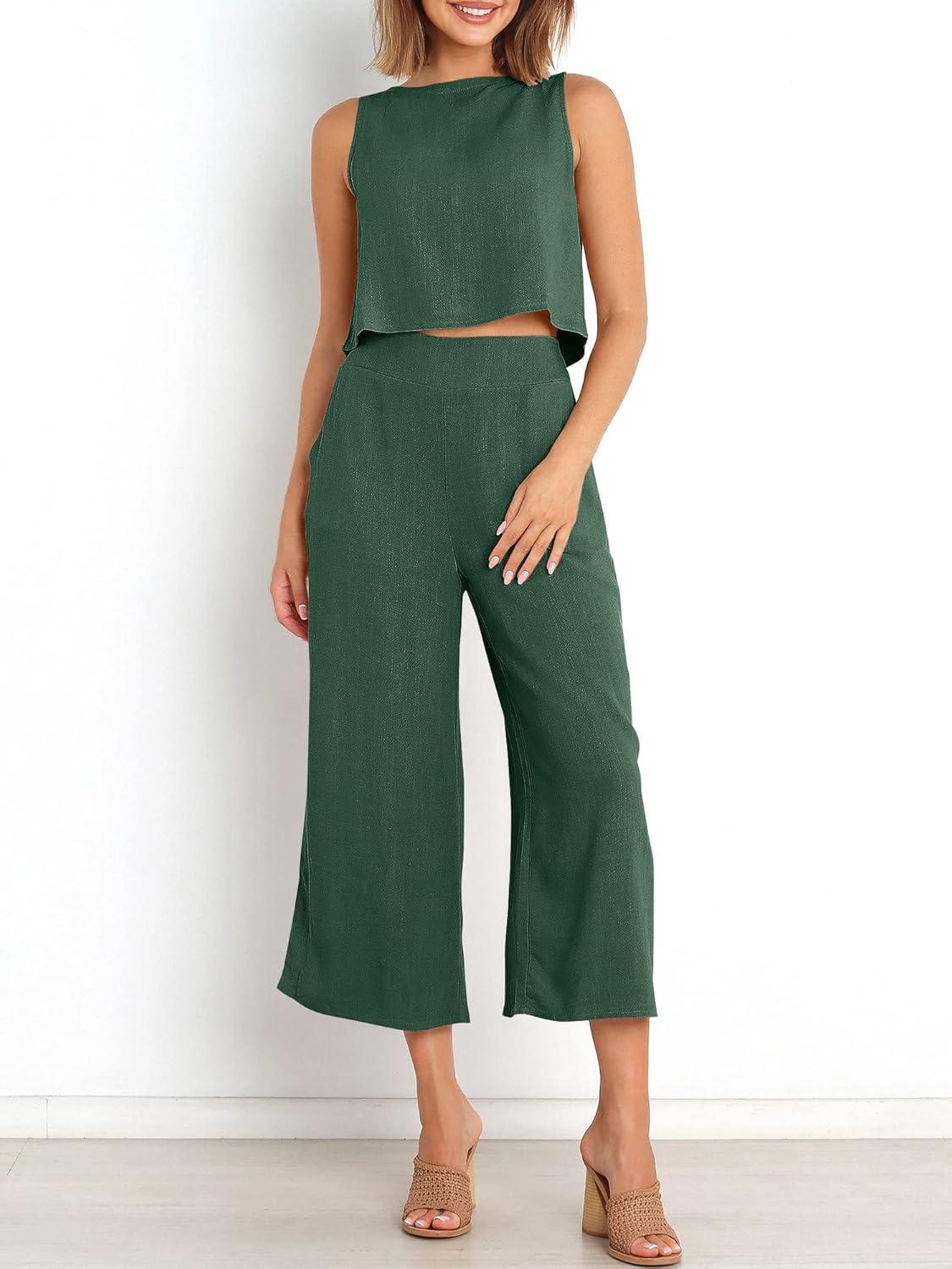 imageANRABESS Womens Summer 2 Piece Outfits Sleeveless Crop Top Capri Wide Leg Pants Jumpsuit Linen Lounge Beach Travel SetsGreen
