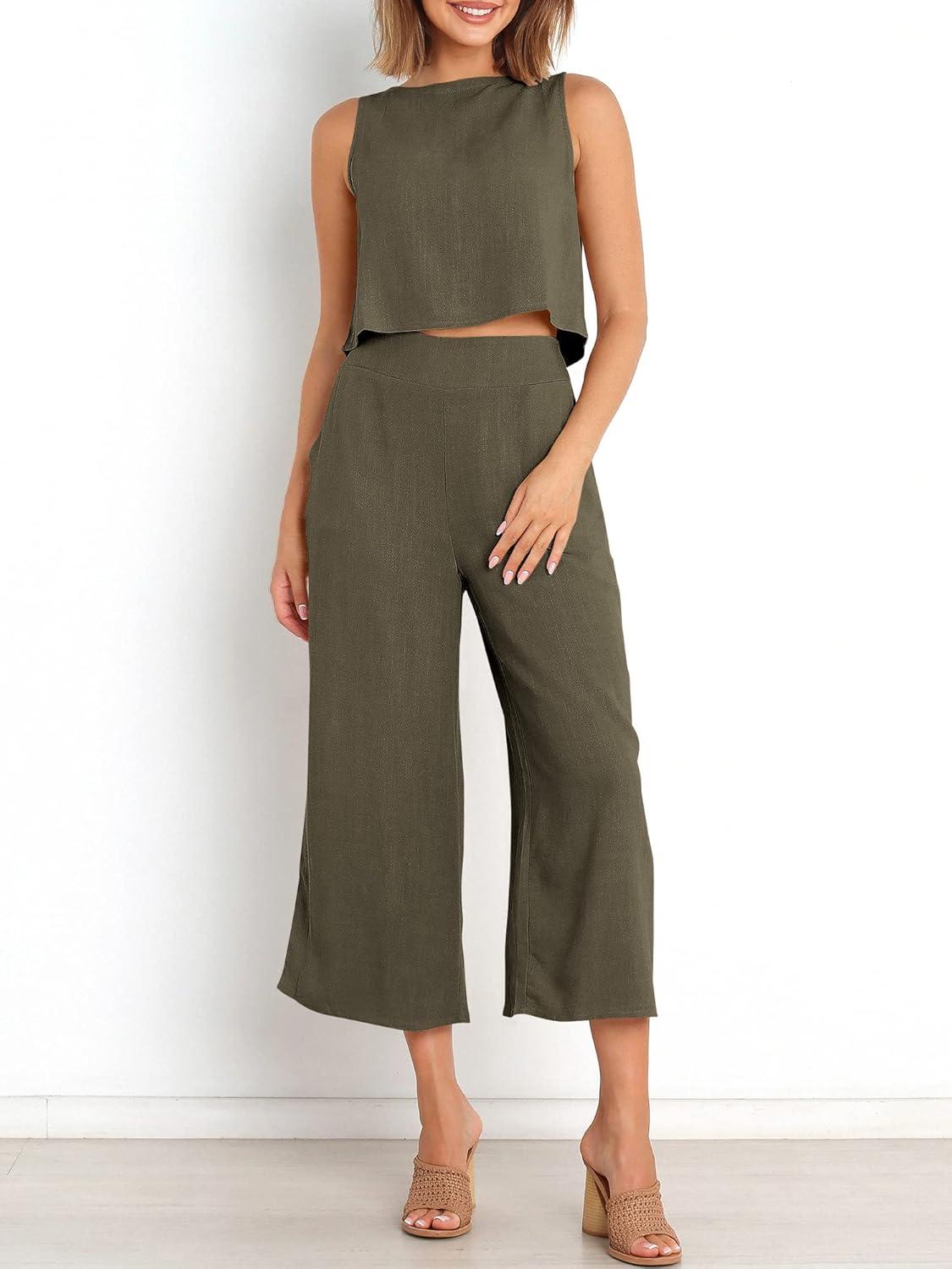 imageANRABESS Womens Summer 2 Piece Outfits Sleeveless Crop Top Capri Wide Leg Pants Jumpsuit Linen Lounge Beach Travel SetsGrey Green