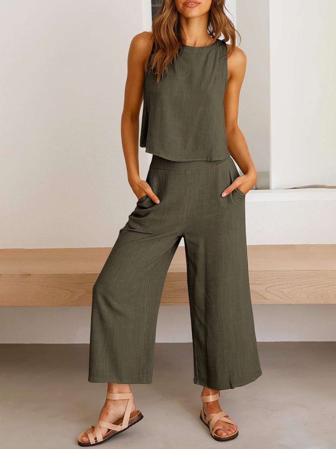 imageANRABESS Womens Summer 2 Piece Outfits Sleeveless Crop Top Capri Wide Leg Pants Jumpsuit Linen Lounge Beach Travel SetsGrey Green
