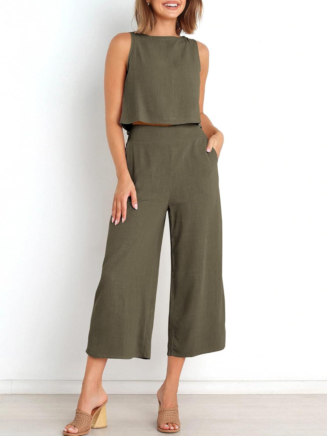 imageANRABESS Womens Summer 2 Piece Outfits Sleeveless Crop Top Capri Wide Leg Pants Jumpsuit Linen Lounge Beach Travel SetsGrey Green