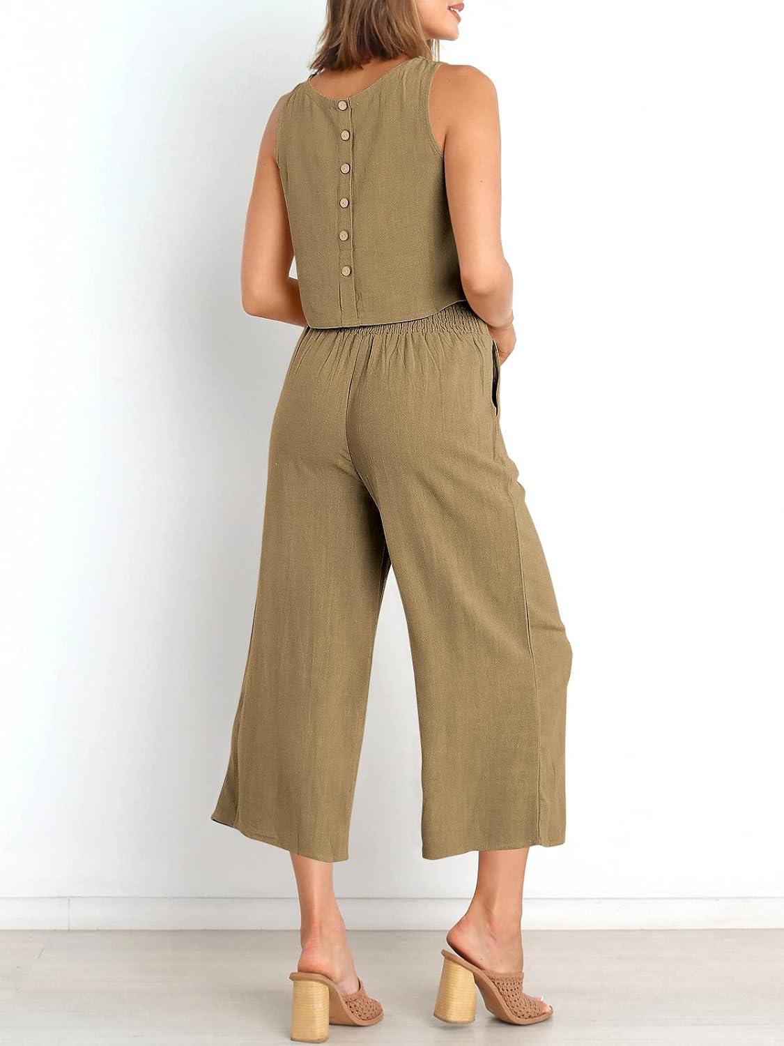 imageANRABESS Womens Summer 2 Piece Outfits Sleeveless Crop Top Capri Wide Leg Pants Jumpsuit Linen Lounge Beach Travel SetsKhaki