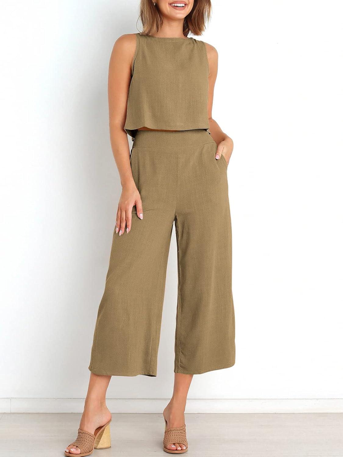 imageANRABESS Womens Summer 2 Piece Outfits Sleeveless Crop Top Capri Wide Leg Pants Jumpsuit Linen Lounge Beach Travel SetsKhaki