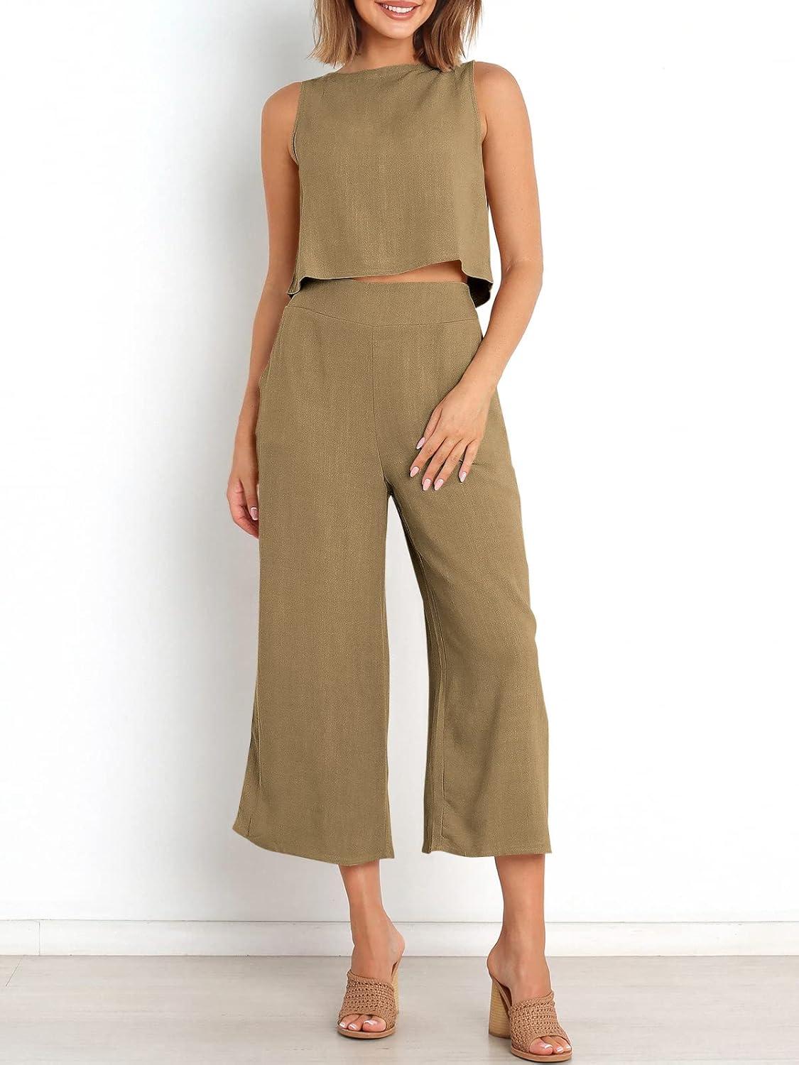 imageANRABESS Womens Summer 2 Piece Outfits Sleeveless Crop Top Capri Wide Leg Pants Jumpsuit Linen Lounge Beach Travel SetsKhaki