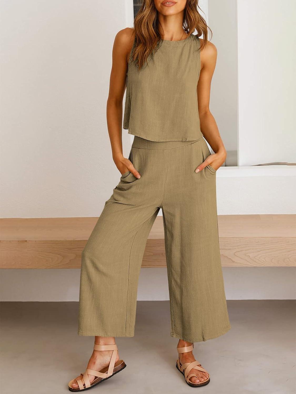 imageANRABESS Womens Summer 2 Piece Outfits Sleeveless Crop Top Capri Wide Leg Pants Jumpsuit Linen Lounge Beach Travel SetsKhaki