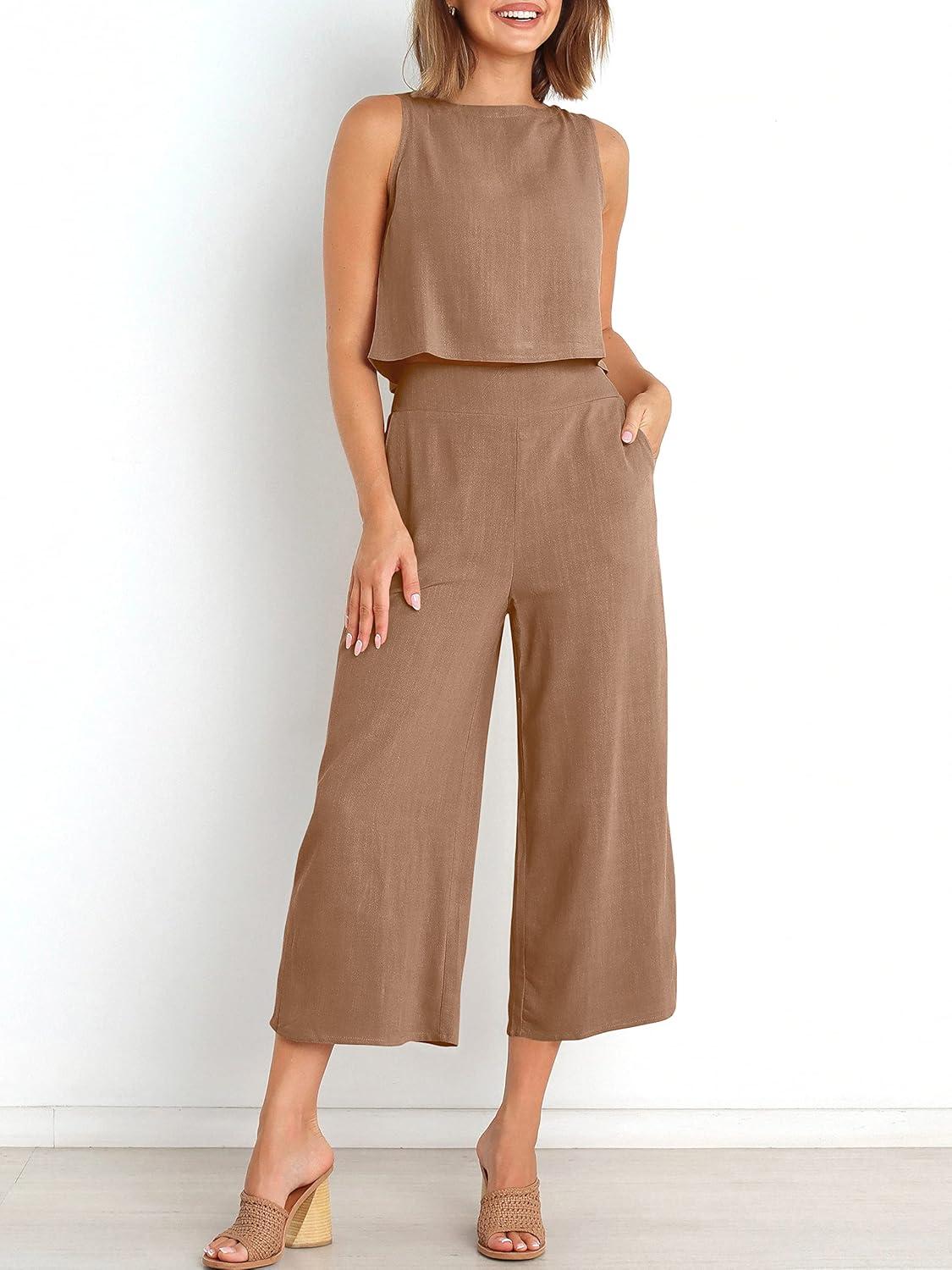 imageANRABESS Womens Summer 2 Piece Outfits Sleeveless Crop Top Capri Wide Leg Pants Jumpsuit Linen Lounge Beach Travel SetsLight Brown