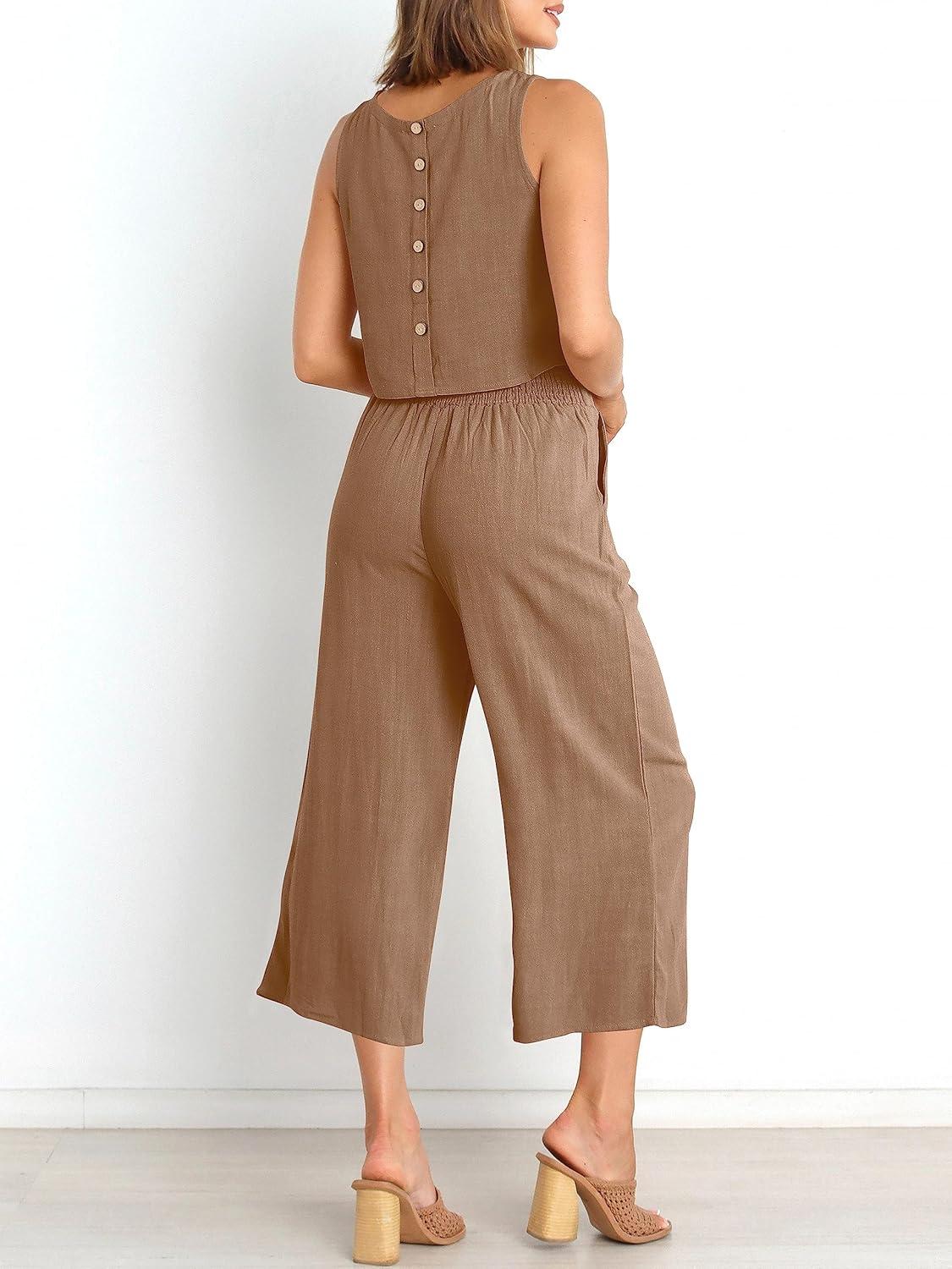 imageANRABESS Womens Summer 2 Piece Outfits Sleeveless Crop Top Capri Wide Leg Pants Jumpsuit Linen Lounge Beach Travel SetsLight Brown
