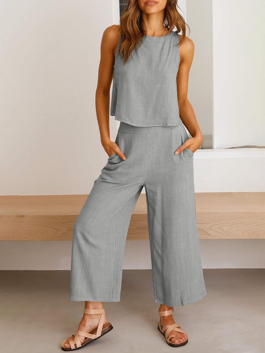 imageANRABESS Womens Summer 2 Piece Outfits Sleeveless Crop Top Capri Wide Leg Pants Jumpsuit Linen Lounge Beach Travel SetsLight Gray