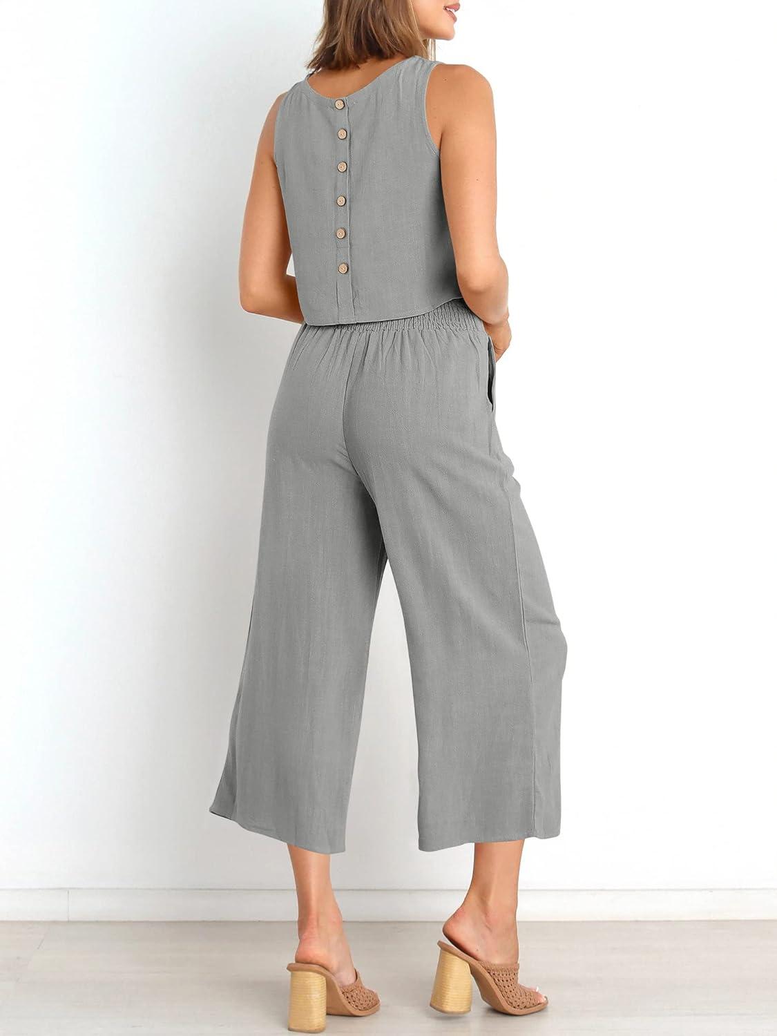 imageANRABESS Womens Summer 2 Piece Outfits Sleeveless Crop Top Capri Wide Leg Pants Jumpsuit Linen Lounge Beach Travel SetsLight Gray