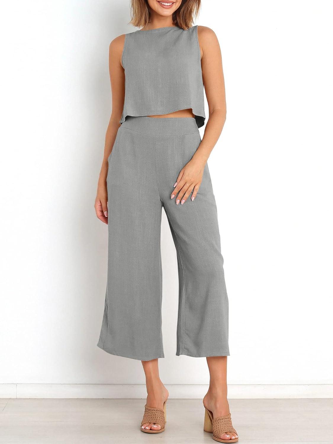 imageANRABESS Womens Summer 2 Piece Outfits Sleeveless Crop Top Capri Wide Leg Pants Jumpsuit Linen Lounge Beach Travel SetsLight Gray